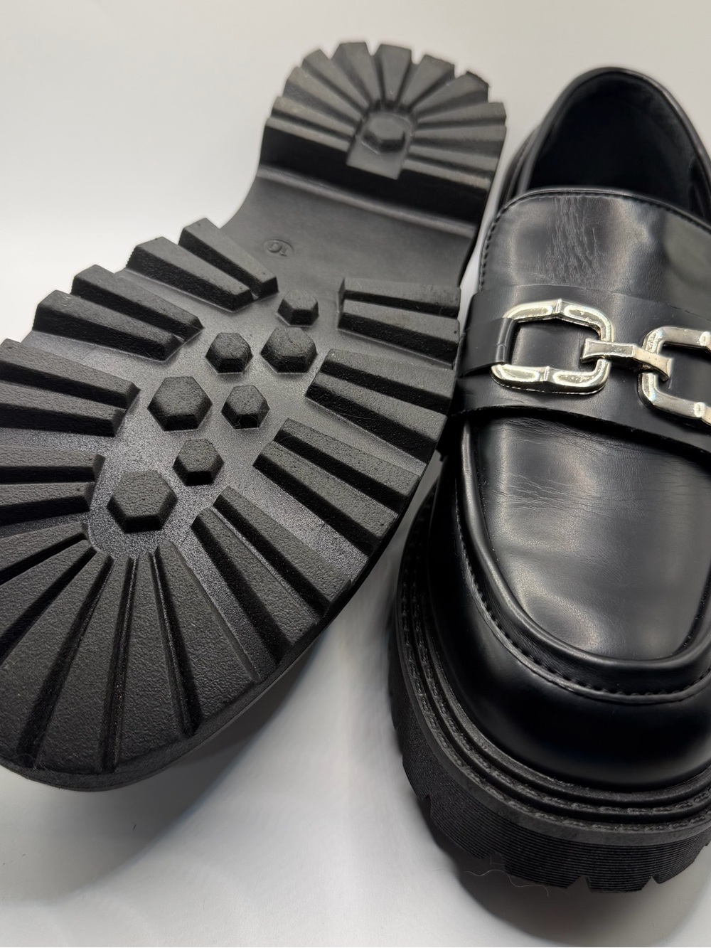 Women's Black Faux Leather Lug Sole Loafers with Silver Bit - Picture 5 of 9